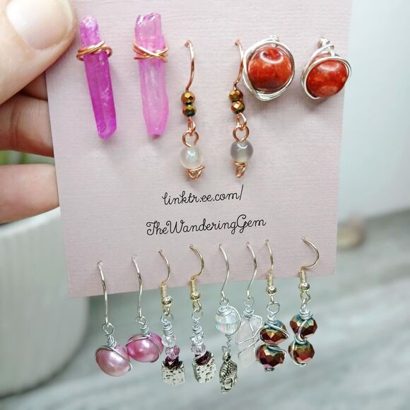 2/$50 - 7 Piece Pink Tone Beaded Earrings, Studs Dangles Quartz Pearl Coral - Picture 1 of 5